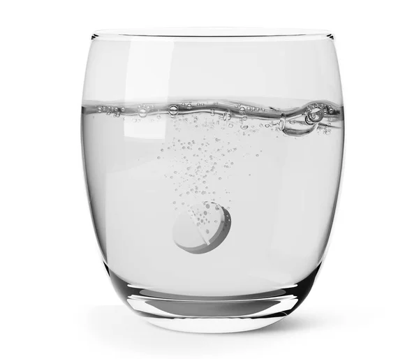 Pohár Tiszta Víz Aszpirin Pirulával Elszigetelt Fehér Alapon — Stock Fotó