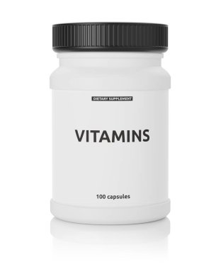 Beyaz arka planda vitaminli eczane şişesi. 3d illüstrasyon