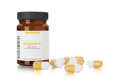 Beyaz arka planda izole edilmiş bir şişedeki C vitamini. 3d illüstrasyon