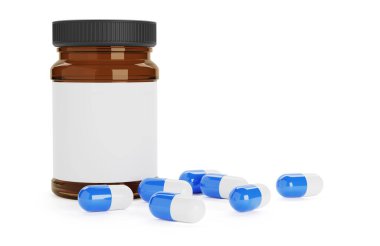 İçinde boş etiket ve haplar olan bir ilaç şişesi. Beyaz arka planda izole edilmiş. 3d illüstrasyon