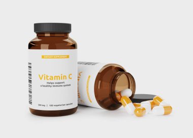 Beyaz arka planda izole edilmiş bir şişedeki C vitamini. 3d illüstrasyon