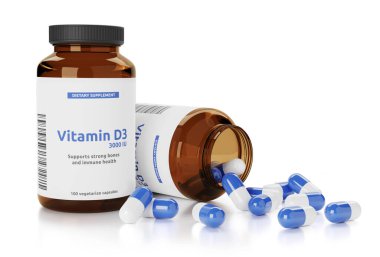 Beyaz arka planda izole edilmiş bir şişede D vitamini. 3d illüstrasyon