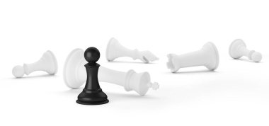 Satranç piyonu beyazda izole edilmiş tüm düşmanları kazanır. 3d illüstrasyon