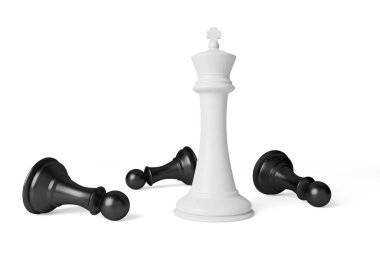 Beyaz satranç kızı tüm siyah piyonları tek başına kazanır. 3d illüstrasyon