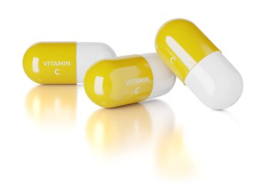 Beyaz arka planda izole edilmiş C vitamini kapsülleri. 3d illüstrasyon