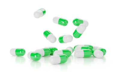 Beyaz arka planda izole edilmiş bir yığın yeşil hap. 3d illüstrasyon
