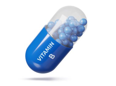 Beyaz zemin üzerinde izole edilmiş B vitamini kapsülü. 3d illüstrasyon