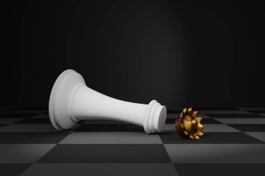 fallen chess king on a chessboard. 3d illustration clipart