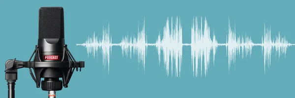 Professional microphone with waveform over blue background. Recording podcasts studio banner