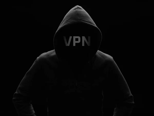 Ein Dunkler Mysteriöser Mann Kapuzenpullover Versteckt Sein Gesicht Vpn Konzept — Stockfoto