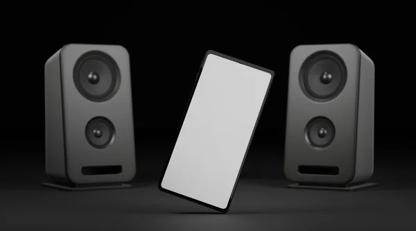 Dois Alto Falantes Áudio Smartphone Com Tela Branco Para Espaço — Fotografia de Stock
