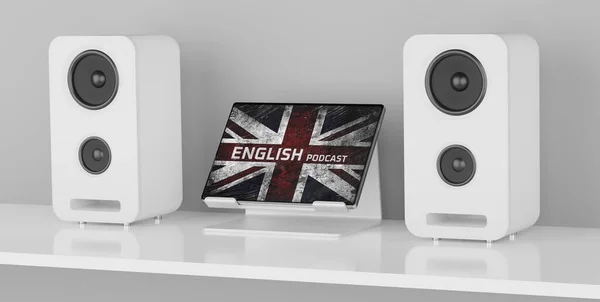 英語のポッドキャストを学ぶ 音声スピーカーとデジタルタブレット 3Dイラスト — ストック写真