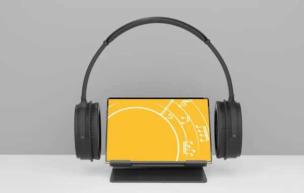 헤드폰 디지탈 태블릿 음악듣기 오디오 스트리밍 미디어 서비스 — 스톡 사진