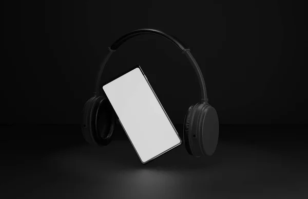 Headphones Smartphone Blank Screen Black Background Illustration — Stock Photo, Image