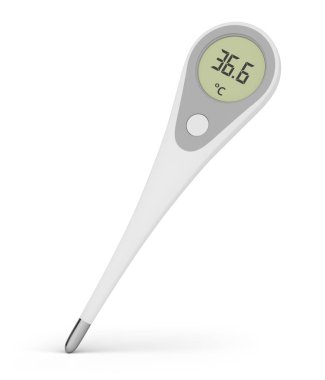 İnsan vücudunu ölçmek için elektronik tıbbi termometre. Ateşi 36.6 santigrat ya da 98.6 fahrenhayt. 3B illüstrasyon.