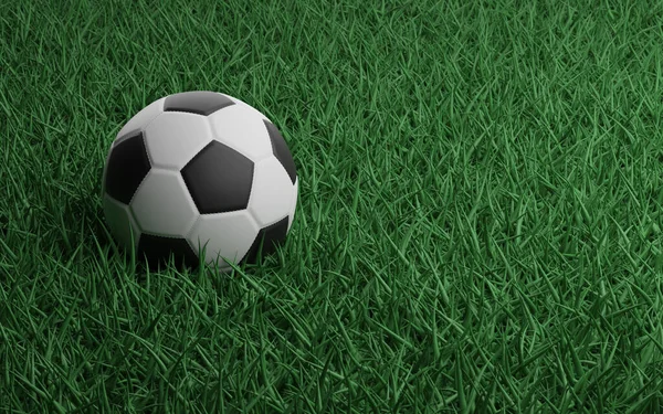 サッカースタジアムの緑の芝生の上でサッカーボール 3Dイラスト — ストック写真