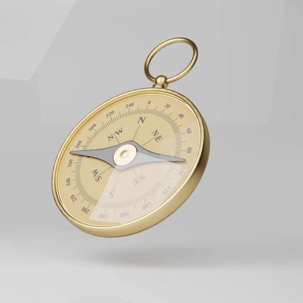 Golden Klassisk Rund Kompass Isolerad Grå Bakgrund Symbol För Turism — Stockfoto