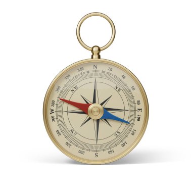 Beyaz arka planda izole edilmiş altın klasik yuvarlak pusula. Turizm ve seyahatin sembolü. 3d illüstrasyon