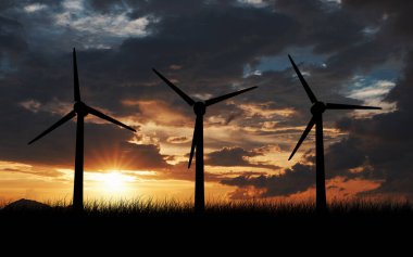 Yeşil güç üretimi. Rüzgar türbini. 3d illüstrasyon