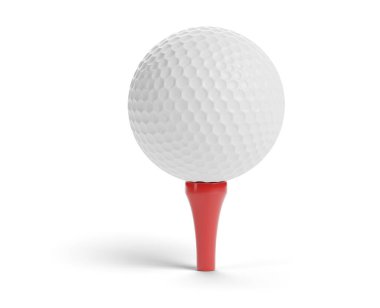 Kırmızı bir stanttaki golf topu beyaz arka planda izole edilmiş. 3d illüstrasyon