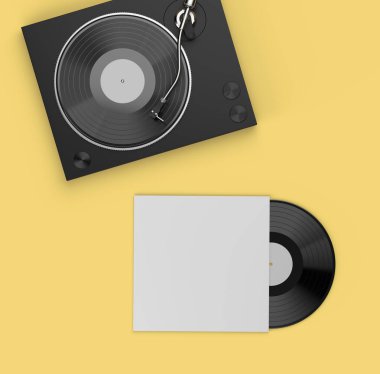 Turntable player ve karton kapaktaki vinil kayıt sarı arka planda izole edilmiş şekilde taklit ediliyor. Üst Manzara. Tasarımın için şablon. 3d illüstrasyon