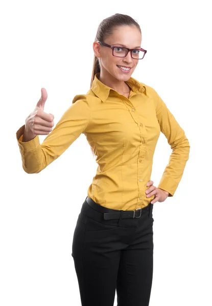 Boldog lány mutatja a hüvelykujjával felfelé szimbólum — Stock Fotó
