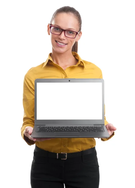 Businesswoman showing laptop screen with copy space — Stock Photo, Image