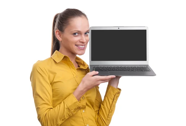 Businesswoman showing laptop screen with copy space — Stock Photo, Image