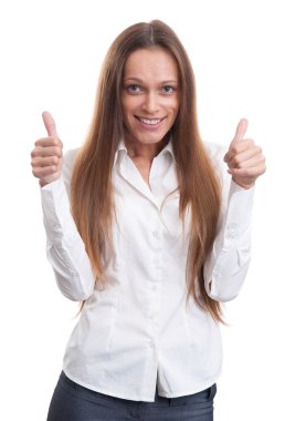 Başarılı iş kadını başparmaklarını kaldırıyor