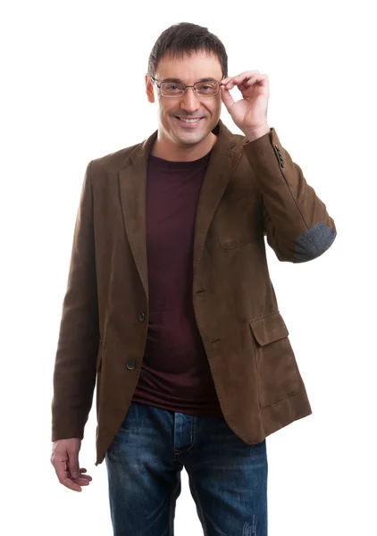 Young handsome man in suit and glasses laughing — Stock Photo, Image