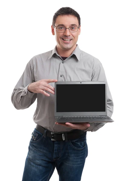 Young man advertising laptop Stock Photo