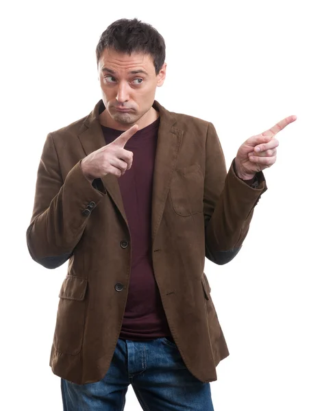 Man pointing with bouth hands to the copy space — Stock Photo, Image