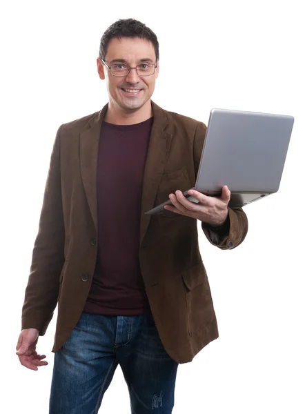 Homem feliz segurando laptop — Fotografia de Stock