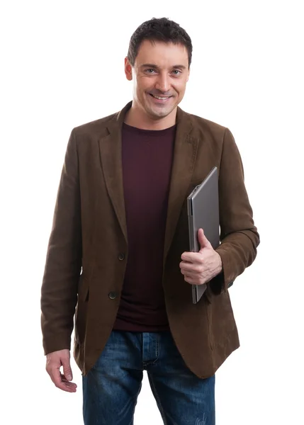 Gelukkig man bedrijf laptop — Stockfoto