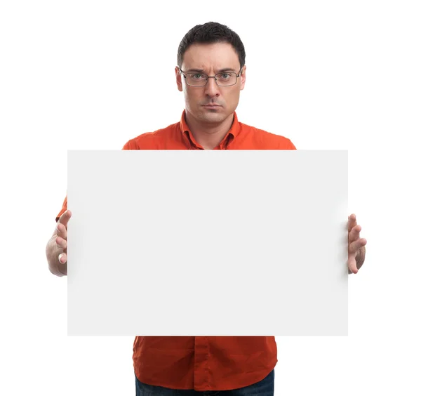 Vážný mladý muž zobrazení a zobrazení transparent — Stock fotografie
