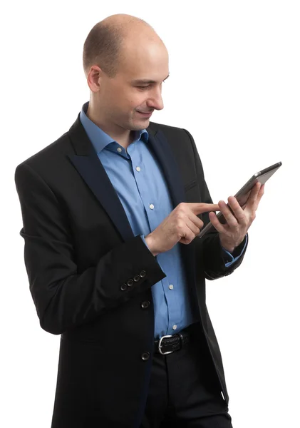 Homem careca com tablet digital — Fotografia de Stock