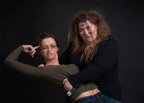 Drunk two women over black background — Stock Photo, Image