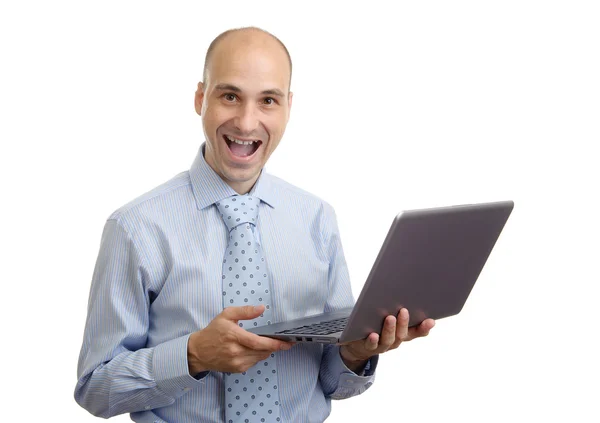 Sorridente homem de negócios com laptop — Fotografia de Stock