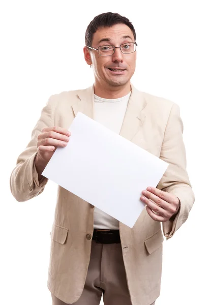 Homme tenant une pancarte blanche — Photo