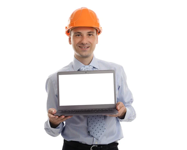 Handsome engineer presenting something on his laptop — Stock Photo, Image