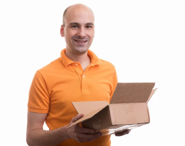 Man holding an opened percel — Stock Photo, Image