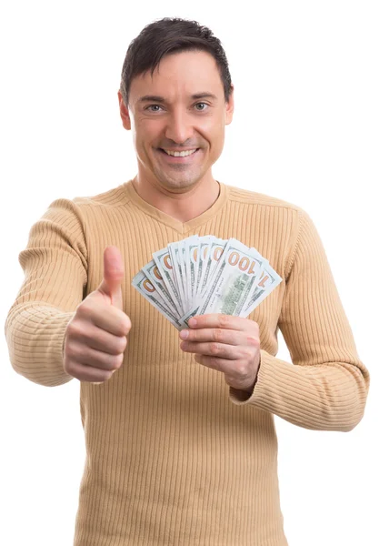 Handsome man holding dollar bills — Stock Photo, Image