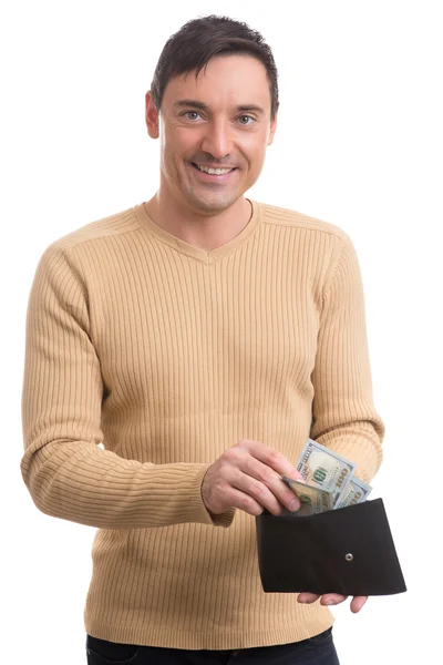 Мужчина держит кошелек с деньгами — стоковое фото