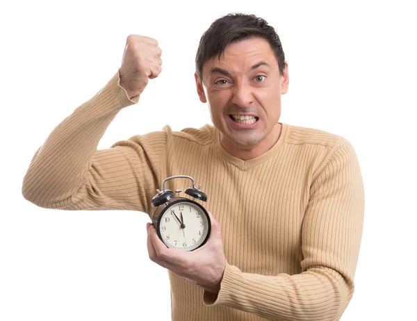 Yelling man with alarm clock in hand — Stock Photo, Image