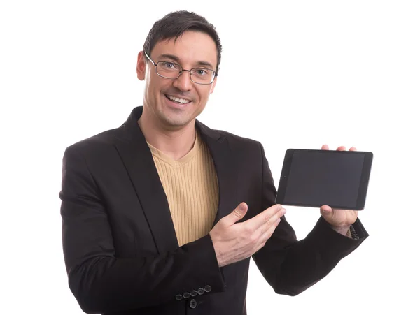 Homem de negócios mostra tablet digital com tela em branco — Fotografia de Stock