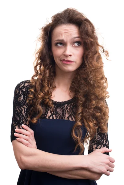 Mulher com beleza cabelo encaracolado longo pensamento — Fotografia de Stock