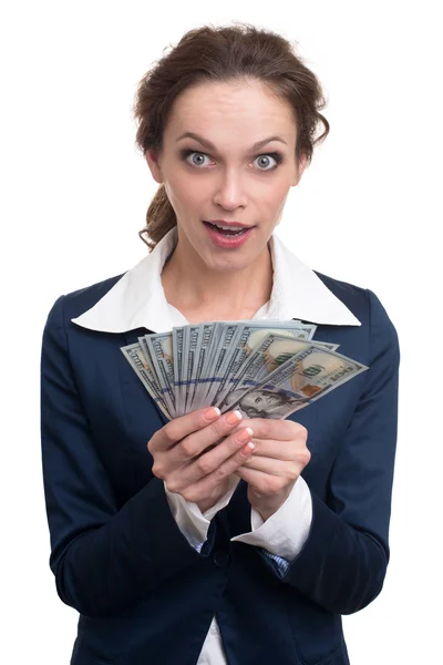 Young business woman holding money — Stock Photo, Image