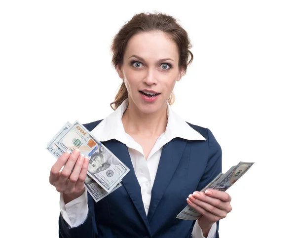 Mladá podnikatelka držící peníze — Stock fotografie