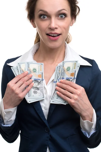 Młoda kobieta biznesu posiadająca pieniądze — Zdjęcie stockowe
