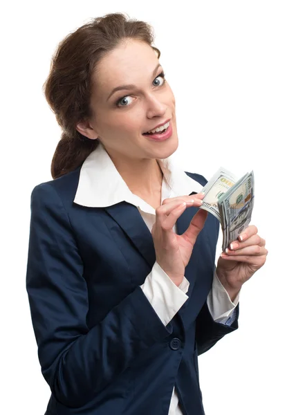 Young business woman holding money — Stock Photo, Image